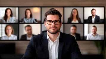 A new hire attending a virtual onboarding session, interacting with the team via call with a welcoming and collaborative atmosphere photo