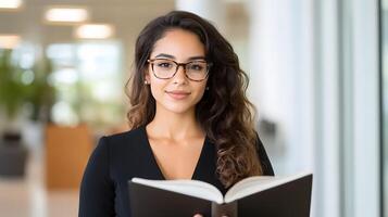A new hire reading through an employee handbook with a welcoming office environment in the background, preparing for their first day of work. photo