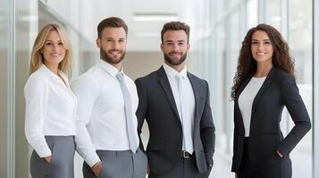 Team of employees with positive expressions in front of a modern office board, photo