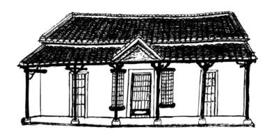 A drawing of a house with a front door vector