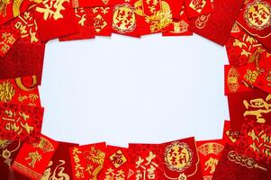 Chinese new year background with red envelope packets or ang bao words mean good luck, great prosperity, wealth, auspicious on empty space white background. photo