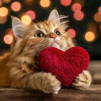 The Ginger kitten hugging red heart for valentine's day photo