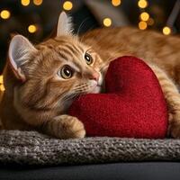 Ginger cat cuddling red heart photo