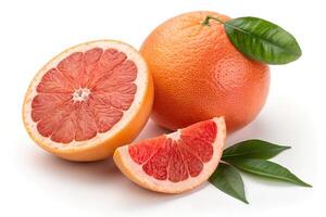 Grapefruit with slices and leaves isolated on a white background photo