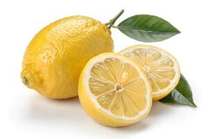 Lemon and lemon slices with green leaves on a white background photo