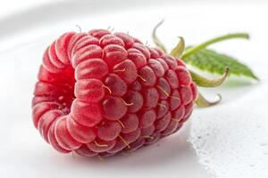 Ripe raspberry on a white background with water drops close-up photo
