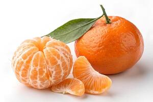 Tangerines with leaves on a white background. Close-up photo