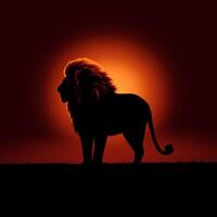 A Silhouetted, Fiery Lion Backlit Against a Smooth Gradient Transition. The Lion Stands Majestically on a Barren Battlefield, Its Form Partly Obscured. Seamless Color Blending photo