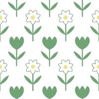Scandinavian botanical illustration seamless tile pattern with simple daisies and tulips in soft green tones for minimalist homes vector