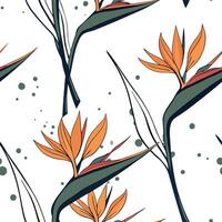 Scandinavian inspired Bird of Paradise seamless pattern with minimal colors and clean lines on white vector