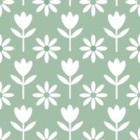 Scandinavian garden flowers seamless tile pattern with simple daisies and tulips in soft green tones for minimalist homes vector