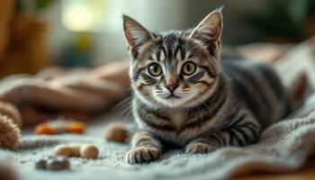 Tabby kitten on soft blanket with toys, suitable for pet care blogs, childrens book illustrations, social media posts, and veterinary websites photo