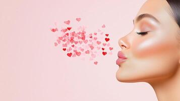 Caucasian young woman blowing heart shapes on pink background. Valentines Day. Happy Tu B'Av, International Thank You Day photo