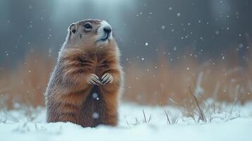 Alert prairie dog in winter snow with falling flakes with copy space photo