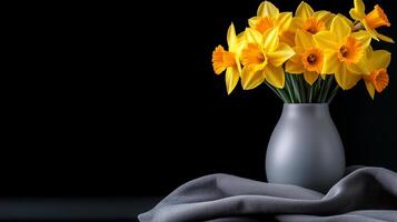 Vibrant yellow daffodils in gray vase on dark background with copy space. Greeting card for St. Davids day and womens day photo