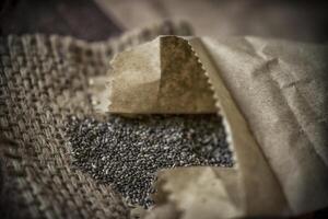 A closeup photo of heap of chia seeds on a straw fabric on a table