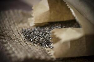 A closeup photo of a heap of chia seeds on a straw fabric on a table