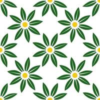 Tropical daisy seamless tile pattern with lush green leaves and vibrant daisy centers on white background ideal for sunny lounges vector