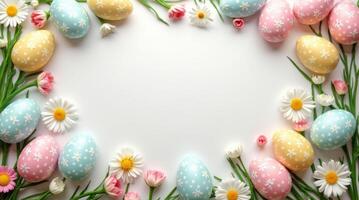 Decorated Easter eggs with floral patterns arranged with daisies and green stems on a white background. Mockup, template for Easter for copy space. photo