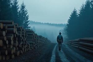 Lumberjack walking along a misty forest road photo