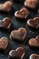 Close up of heart shaped dark chocolate candies photo