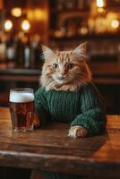 Adorable ginger cat wearing a cozy green sweater photo