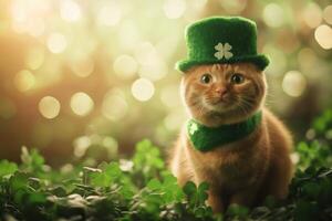 Ginger cat wearing a green hat photo