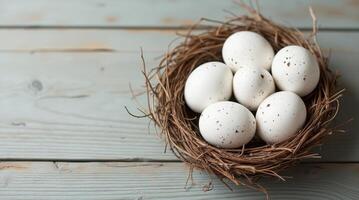 Bird's nest with speckled white eggs resting on a rustic wooden surface, symbolizing nature's nurturing and rebirth. Mockup, template for Easter for copy space. photo