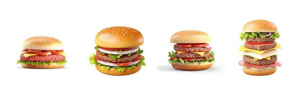 A delicious hamburger set with a juicy patty, lettuce, and tomato, displayed on a white background for a fresh, appetizing look. photo