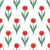 Elegant tulip seamless tile pattern with graceful red blooms and green stems on white background ideal for luxurious bathrooms vector