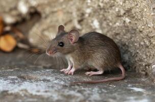 Small wood mouse exploring concrete surface near wall photo
