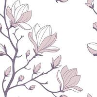 Botanical garden magnolia seamless tile pattern with various magnolia species in natural pinks on white background perfect for serene spaces vector