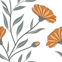 Bohemian marigold seamless tile pattern with vibrant orange blooms and intricate leaf details on white background ideal for eclectic spaces vector