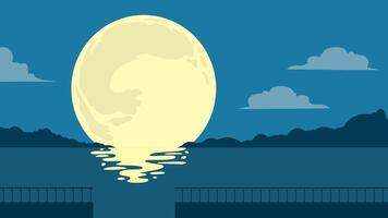 simple flat style cartoon background of a pier at night with a round moon shining brightly, a background with a natural landscape concept vector