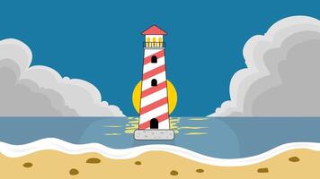 beach with lighthouse with round moon behind it, background with natural scenery concept vector