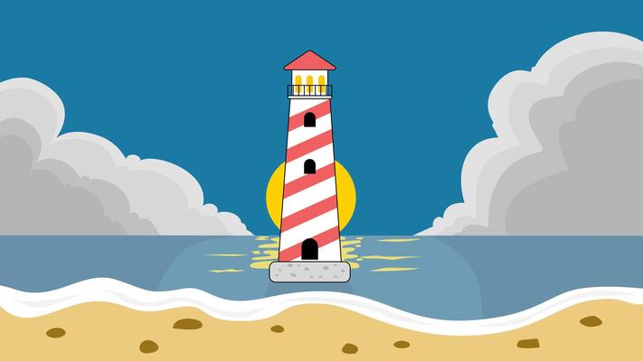 beach with lighthouse with round moon behind it, background with natural scenery concept
