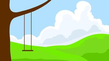 simple flat style cartoon background with green hills big trees with swings with bright cloudy sky, background with natural landscape concept vector