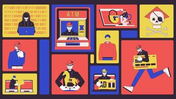 Cyber crimes animated bento grid layout. Cyberattacks. Trojan malware. Internet crime financial. Theft hackers 2D animation flat cartoon ui collage design. 4K motion graphic collection video