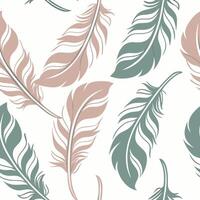 Explore delicate hand-drawn feather seamless pattern for nature-inspired fashion design in soft color palette aesthetic vector
