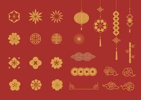 Set of Chinese New year decorations, flowers, lanterns, clouds, elements and icons vector