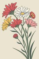 A colorful display of red, pink, yellow, and white flowers with gentle green stems, placed against a light muted background, with ample space for a message. vector