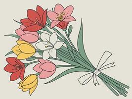 A lively bouquet of red, pink, yellow, and white flowers with soft green stems, set against a subtle, neutral background, providing room in the center for text. vector
