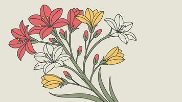 a colorful bouquet of mixed flowers in vibrant red, pink, yellow, and white, with soft green stems, against a muted background. Leave space for text in the middle. vector