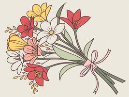 A cheerful mix of red, pink, yellow, and white flowers with delicate green stems, set against a neutral background, offering room for a message in the middle. vector