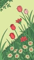 A blooming garden filled with multicolored flowers like red and pink roses, tulips, and daisies, set against a fresh green background, with space in the center for text. vector