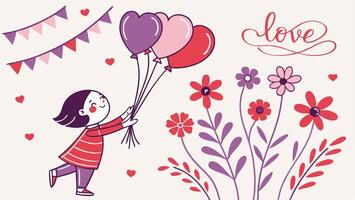 A lively background adorned with vibrant love-themed elements like hearts, balloons, and flowers in shades of red, pink, and purple, with space left in the center for a message. vector