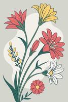 A vibrant collection of flowers in hues of red, pink, yellow, and white, with gentle green stems, placed on a subtle backdrop, leaving room for a message in the center. vector