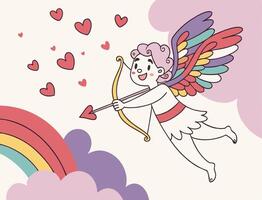 A magical Cupid with bright, multihued wings and arrows floats on a vibrant pastel backdrop of pink, purple, and red, leaving the center free for text. vector