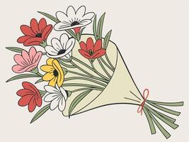 A vibrant bouquet of mixed flowers in shades of red, pink, yellow, and white, with soft green stems, placed against a soft, muted backdrop, leaving space in the center for a message. vector