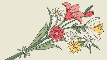 A mix of vibrant red, pink, yellow, and white flowers, with soft green stems, arranged against a light muted background, with space for a message in the middle. vector